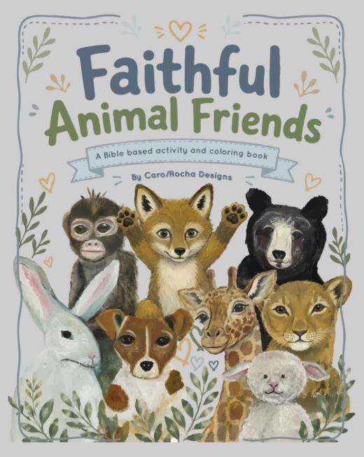Cover of Faithful Animal Friends, featuring illustrated animals surrounded by leafy branches.