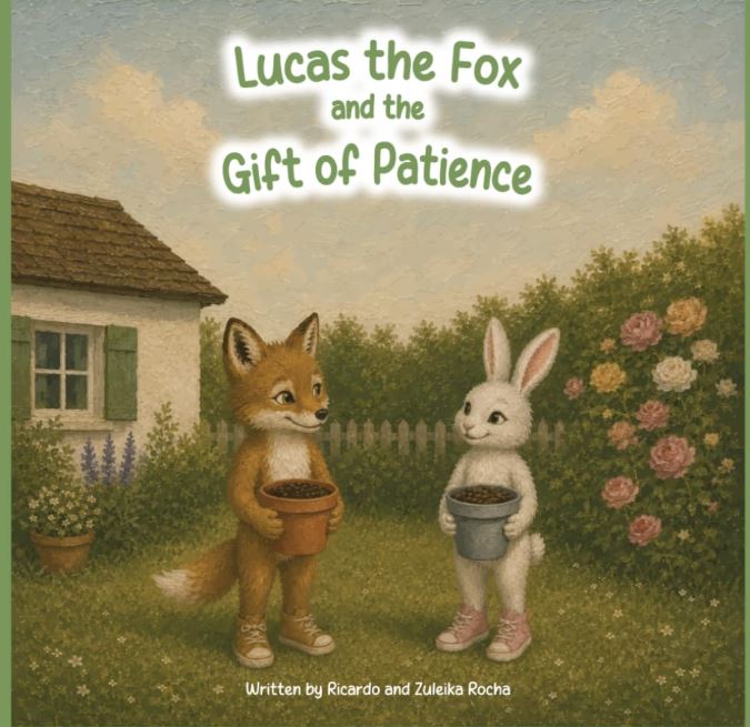 Cover of Lucas the Fox and the Gift of Patience, showing Lucas and Bella beside a garden planter.