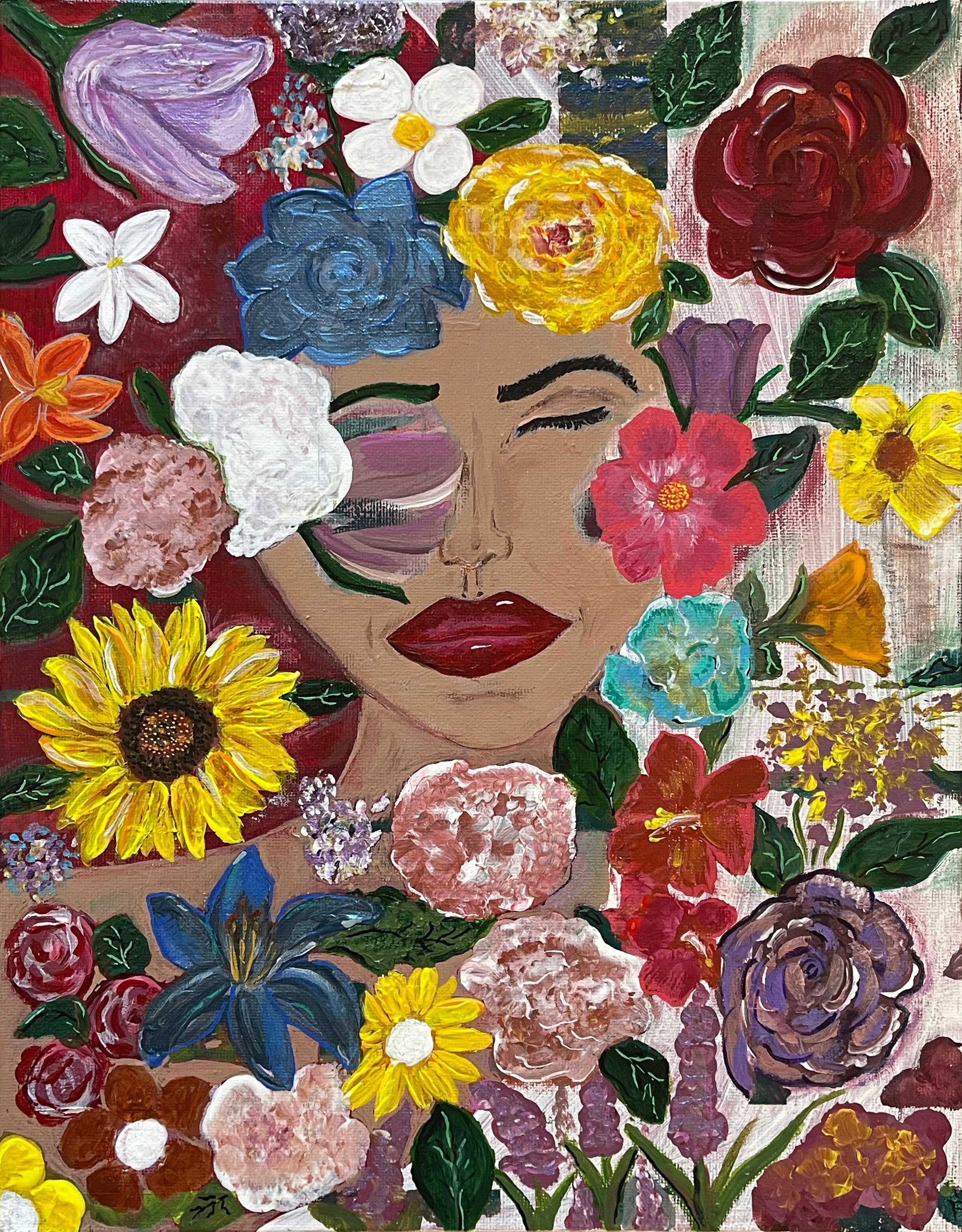 A woman’s face partly concealed by densely layered flowers and leaves in purple, red, yellow, white, and green.