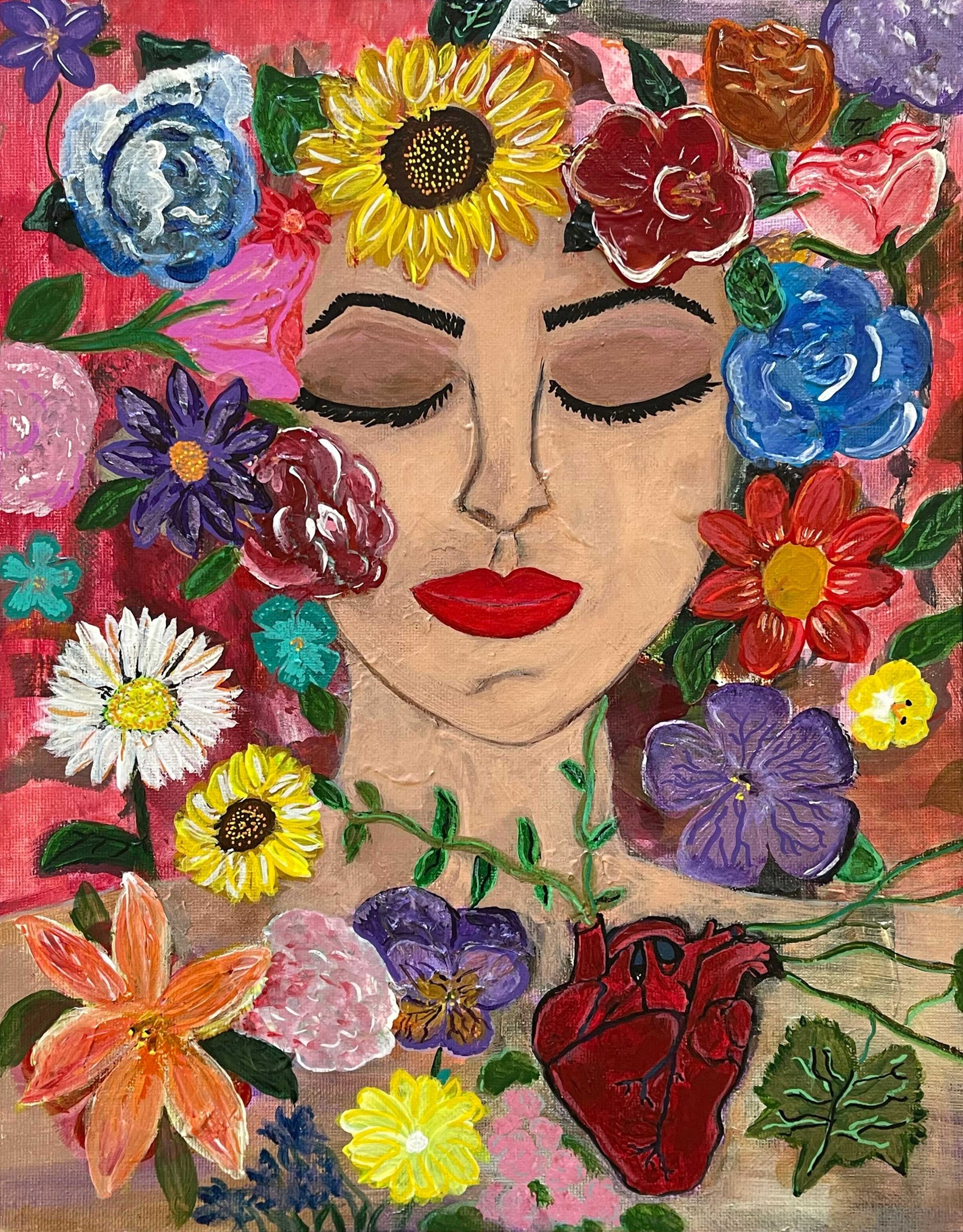 A woman with closed eyes surrounded by layered red, yellow, blue, and orange flowers and green stems.