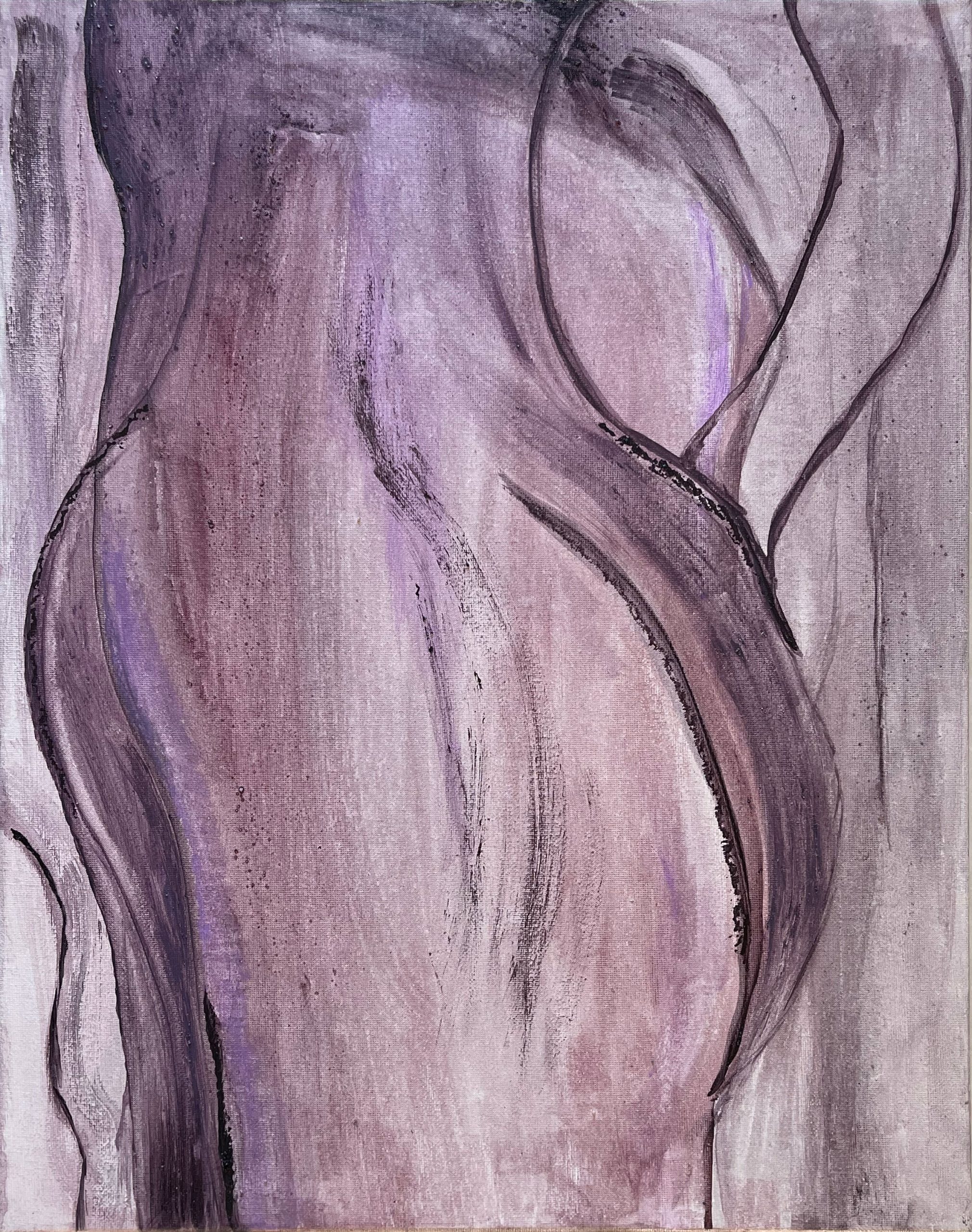 Abstract painting with flowing mauve, dusty pink, and gray forms outlined by dark curved brushstrokes.