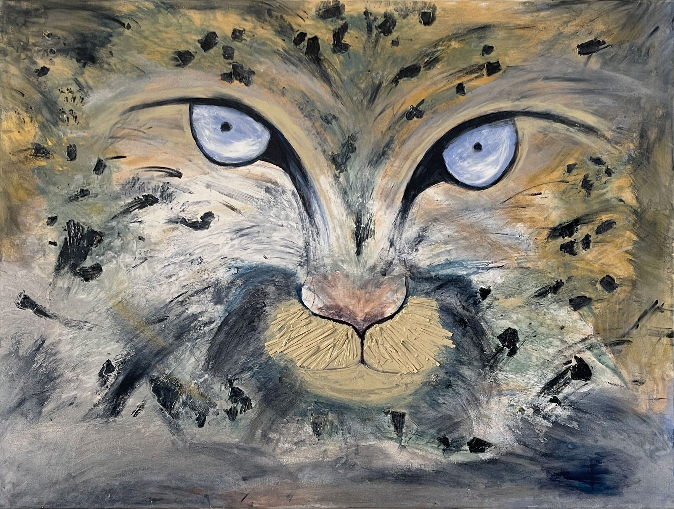 Close-up abstract painting of a leopard’s face with pale blue eyes and textured gray, gold, and black brushstrokes.
