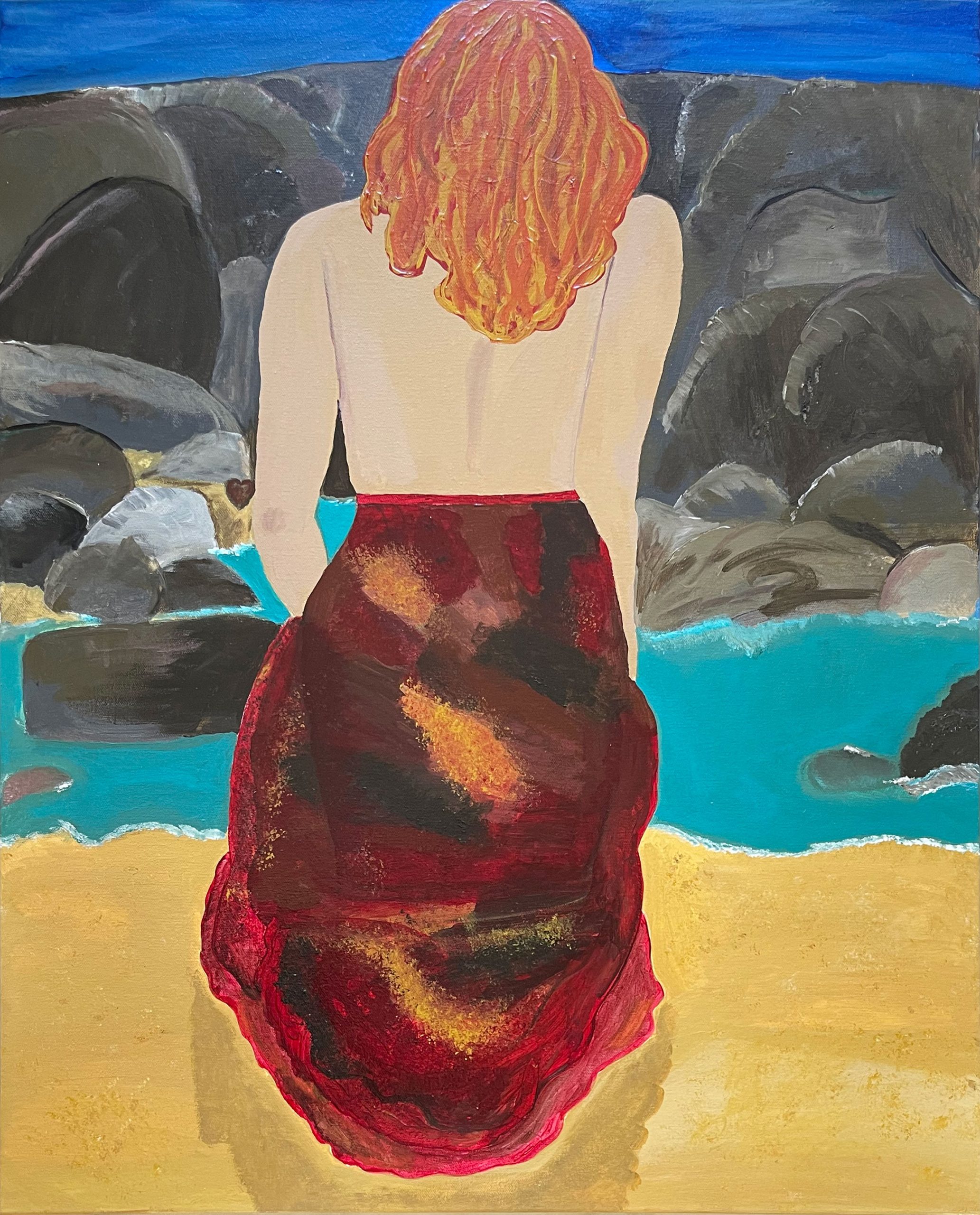 Painting of a woman seen from behind, with flowing red-gold hair and a deep burgundy skirt, standing on a sandy shore facing turquoise water and dark rocky cliffs beneath a vivid blue sky.
