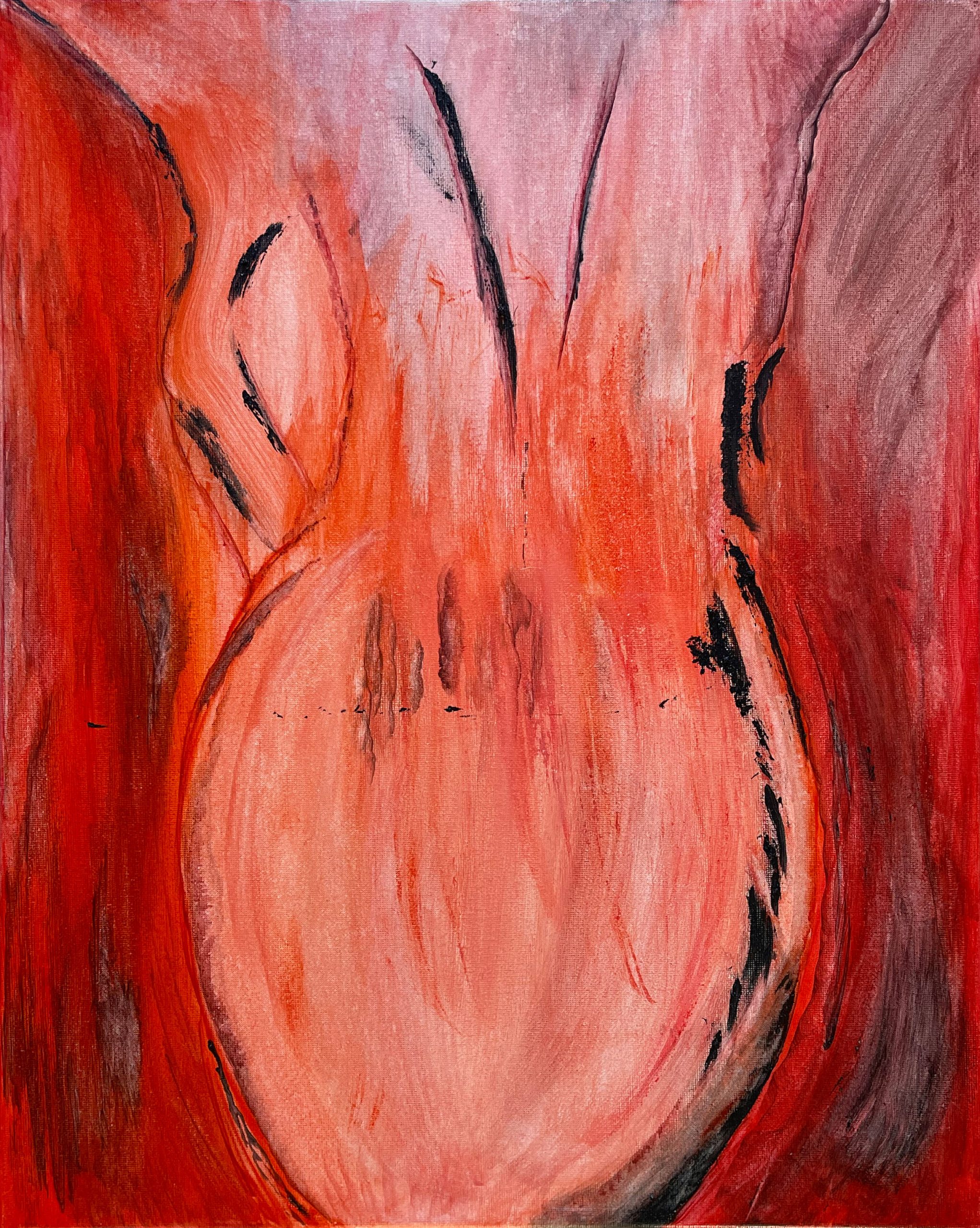 Abstract painting with intense red and orange tones, sweeping black marks, and dark shaded areas.