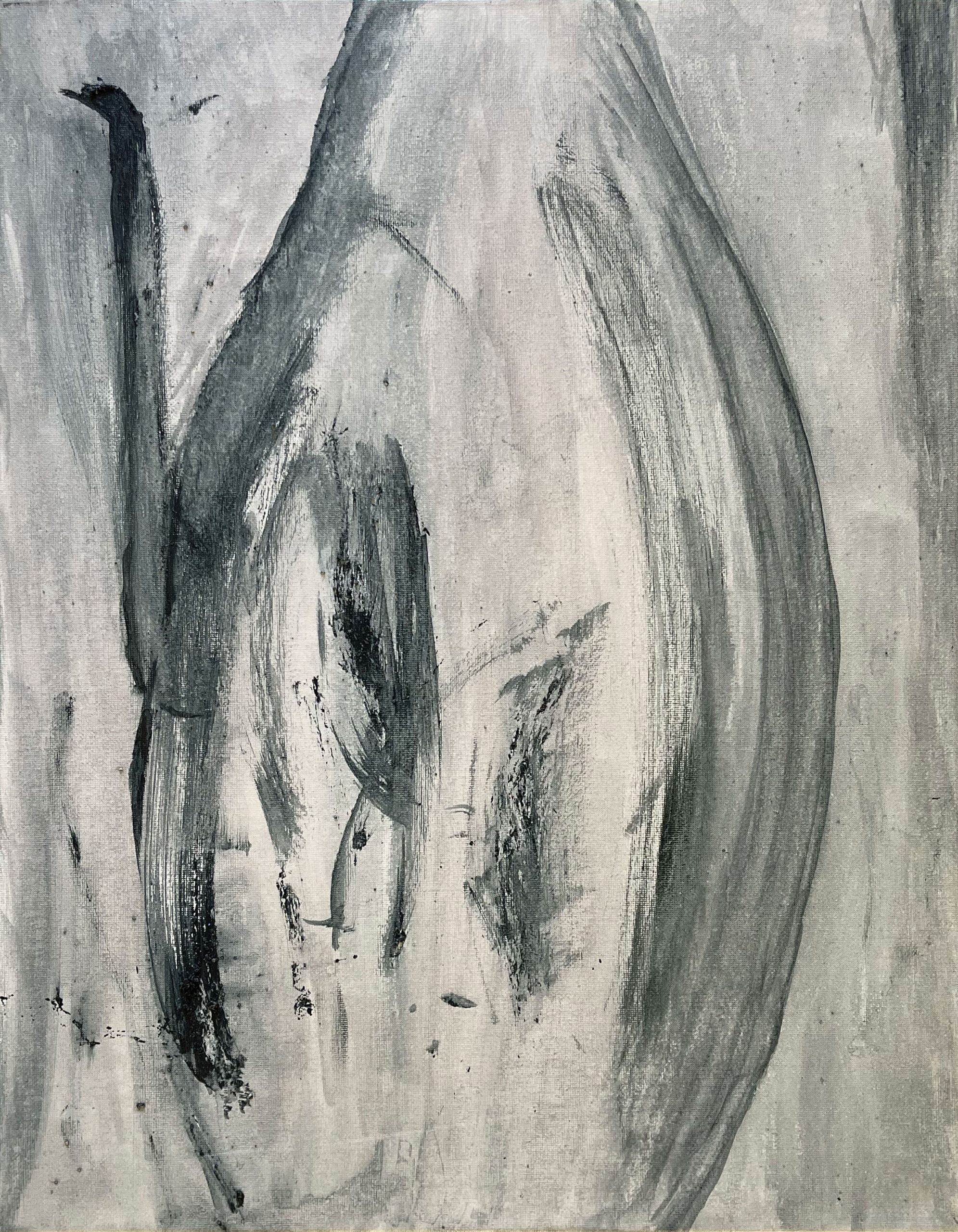 Abstract painting with sweeping gray-green curves and bold charcoal marks against a pale gray background.
