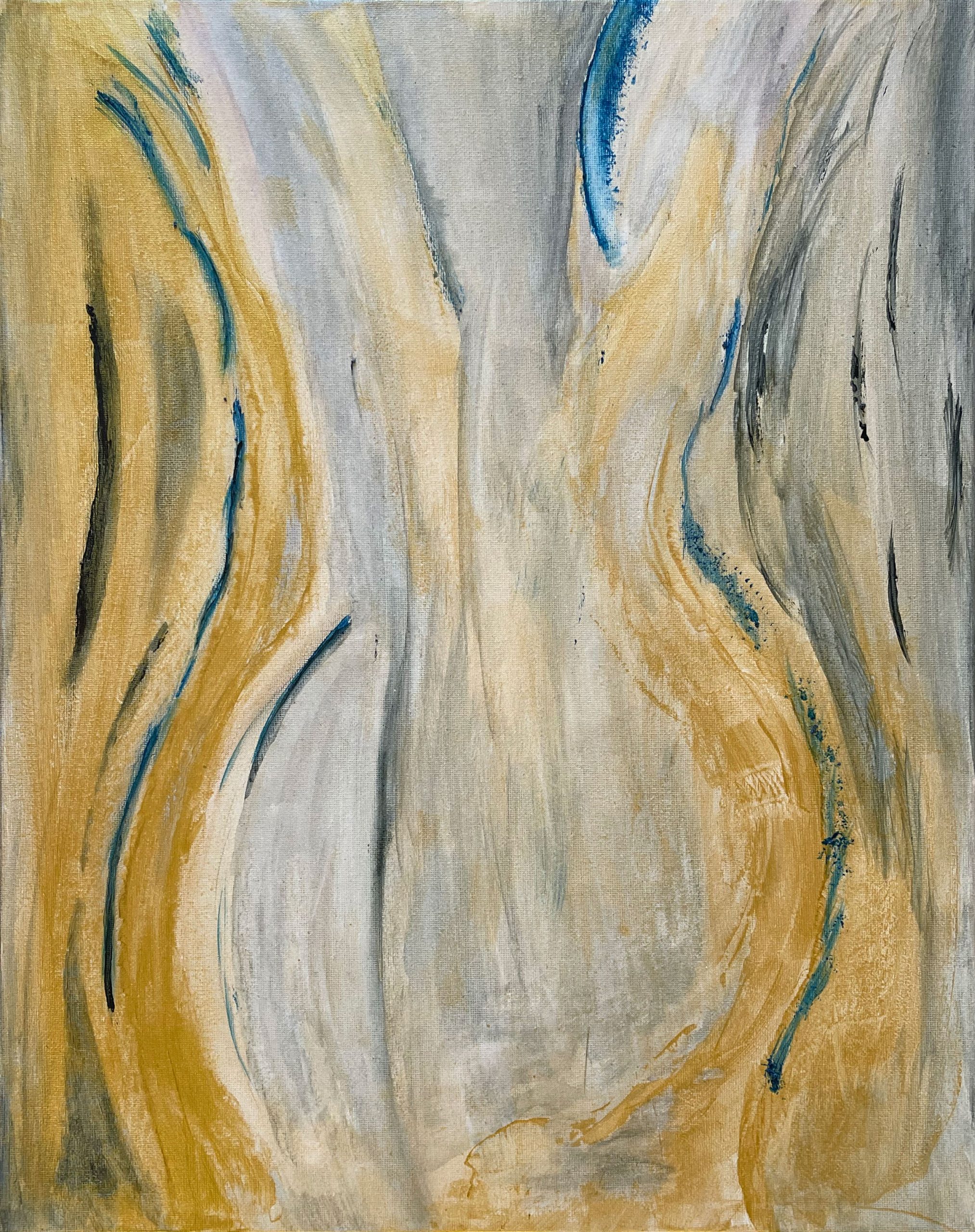 Abstract painting with flowing yellow, cream, and gray brushstrokes accented by thin blue curves.