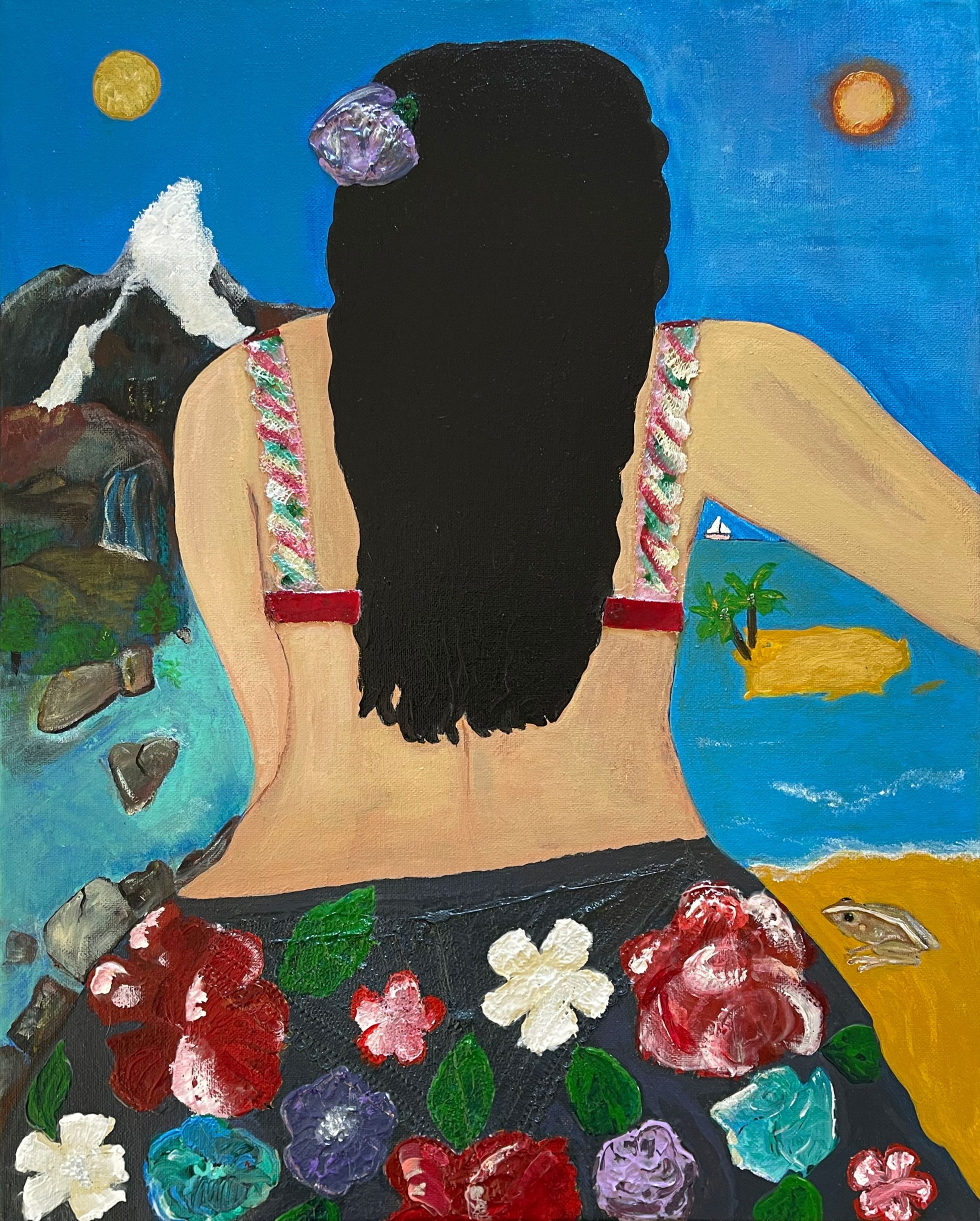 Woman with long black hair overlooking a colorful Puerto Rican coastal landscape, wearing a flower-covered skirt.