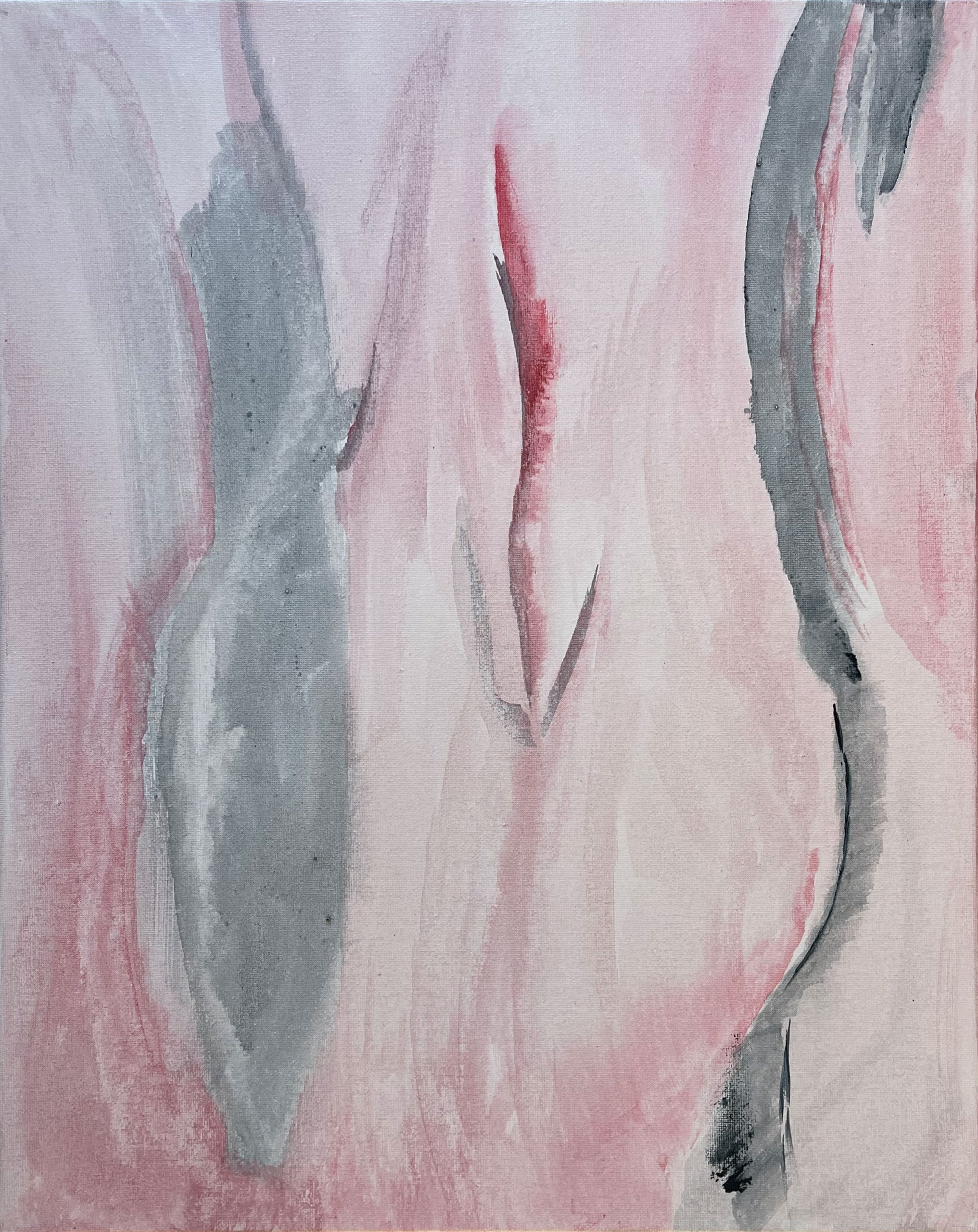 Abstract painting in soft pink, cream, and sage green, with slender red and dark curved accents.