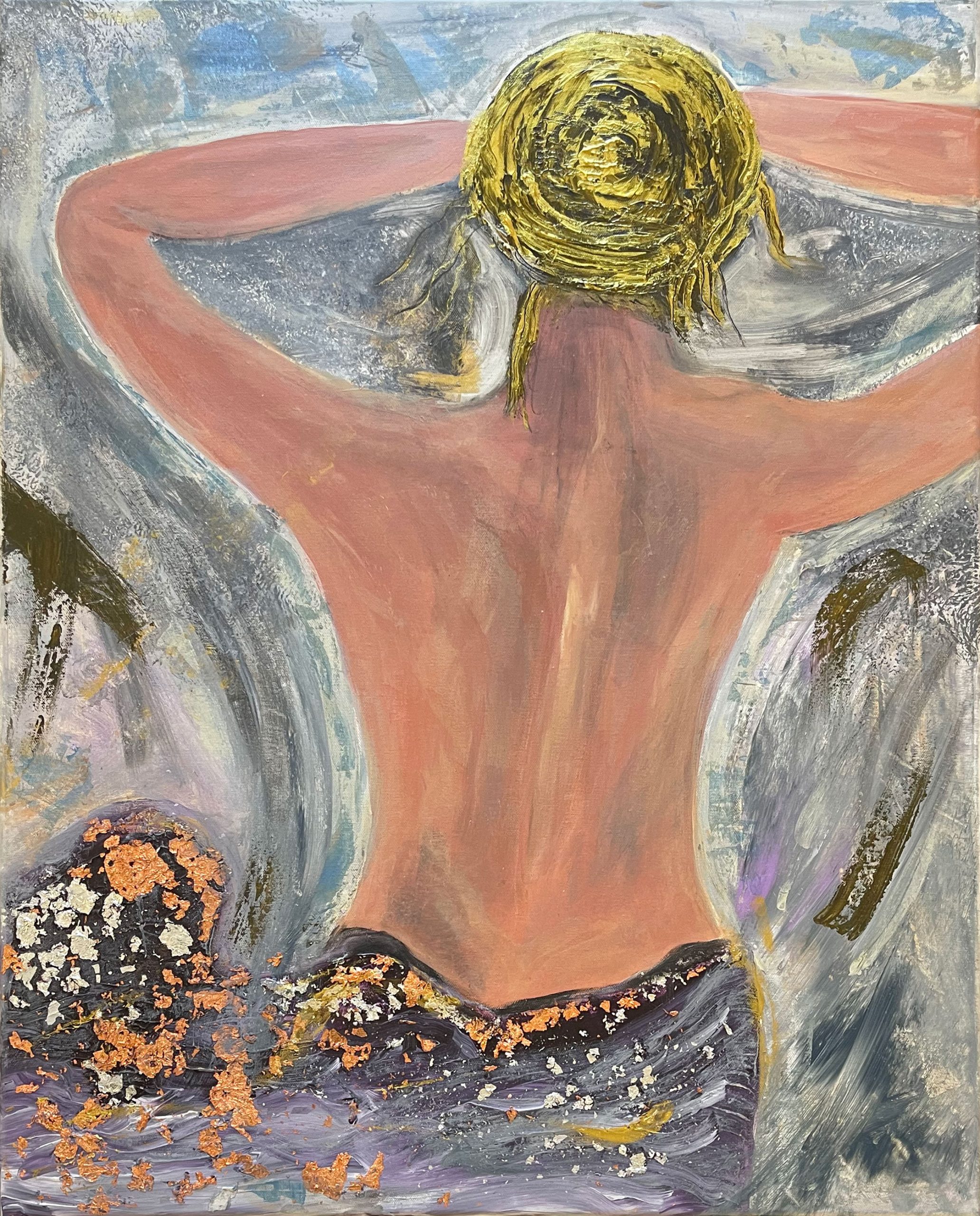 Woman seen from behind with arms raised, surrounded by expressive gray, gold, and purple brushstrokes.